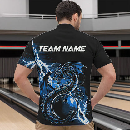 Custom Black And Blue Thunder Lightning Dragon Bowling Quarter-Zip Shirts For Men, Bowlers Outfits IPHW8663