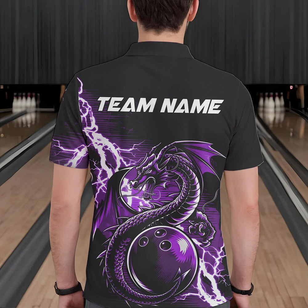 Custom Black And Purple Thunder Lightning Dragon Bowling  Polo Shirts For Men, Bowlers Outfits IPHW8664