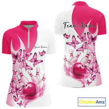 Load image into Gallery viewer, Custom White And Pink Butterfly Women Bowling Quarter-Zip Shirts, Ladies Bowling Shirt IPHW11336