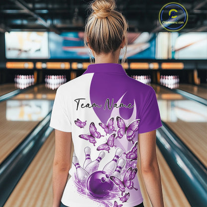 Back view of a female model wearing a white and purple bowling polo with butterfly graphics and bowling artwork
