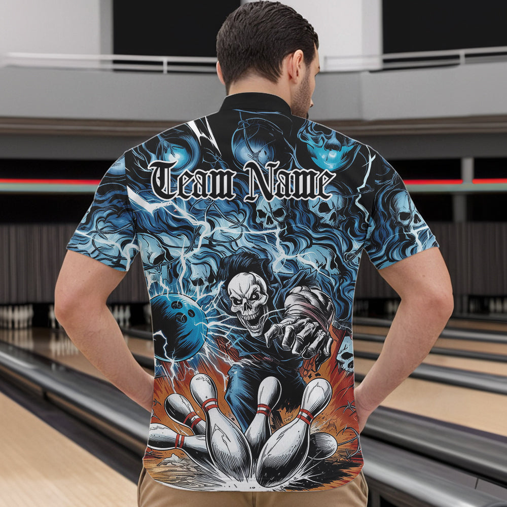 Custom Rock Style Skull Bowling Quarter-Zip Shirts For Men, Funny Skeleton Bowlers Outfit IPHW8934