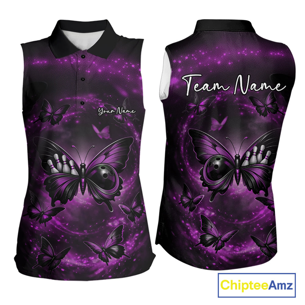 Front and back mockup of a women’s sleeveless bowling shirt showcasing a purple and black butterfly with a bowling ball body and smoky background.