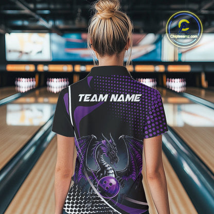 Custom Purple Dragon Bowling Jersey, Bowling Team Uniform Women Quarter-Zip Shirt IPHW9534