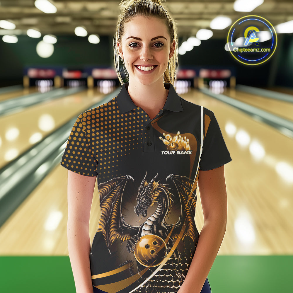 Custom Yellow Dragon Bowling Jerseys, Mystical Bowling Team Uniform Polo Shirts For Women IPHW9535