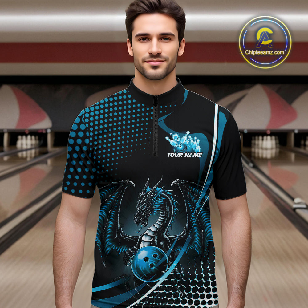 Custom Red Dragon Bowling Jerseys, Mystical Bowling Team Uniform Quarter-Zip Shirts For Men IPHW9536