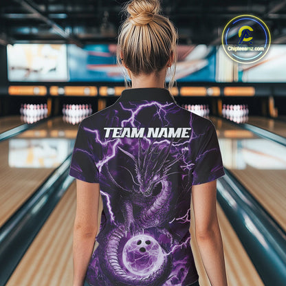 Custom Purple Thunder Lightning Dragon Bowling Quarter-Zip Shirts For Women, Team Uniform IPHW9758