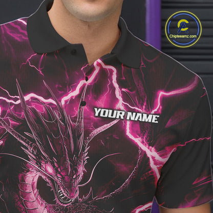 Custom Pink Thunder Lightning Dragon Bowling Polo Shirts For Men, Team Uniform IPHW9760