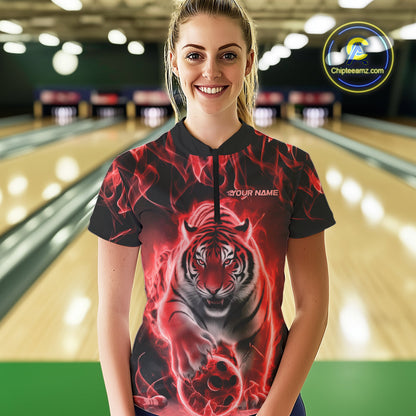 Custom Red Flame Tiger Bowling Quarter-Zip Shirts For Women, Tiger Bowling Team Shirt IPHW9762