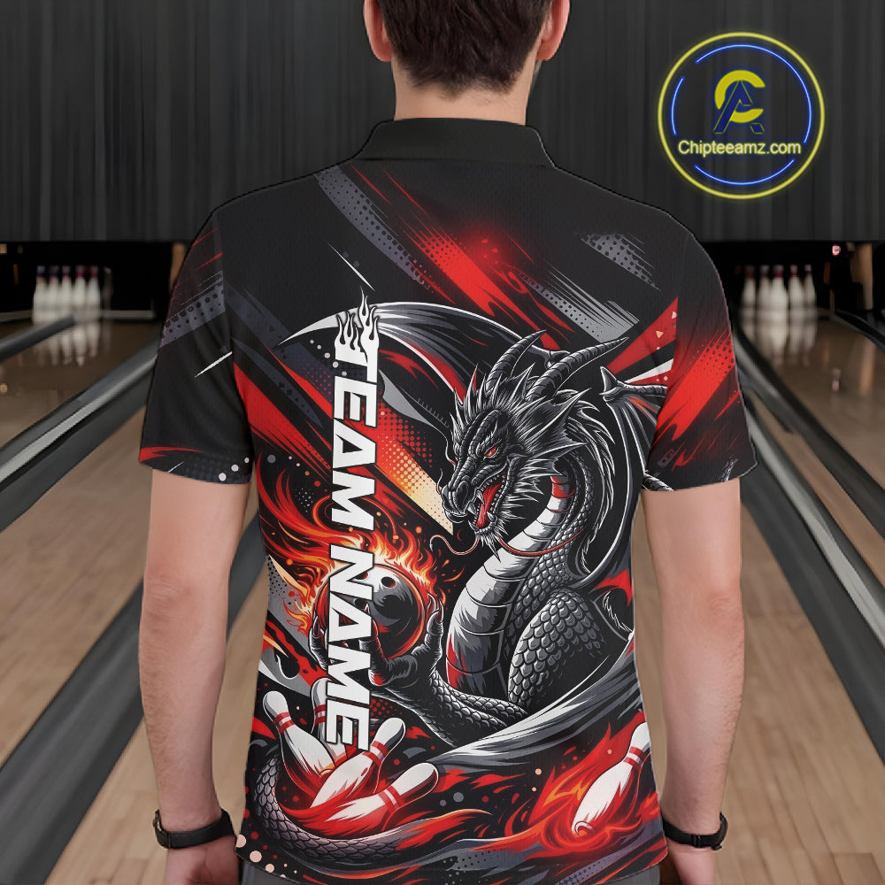 Personalized Black And Red Dragon Bowling Team Jerseys, Dragon Bowling Polo Shirt IPHW10299