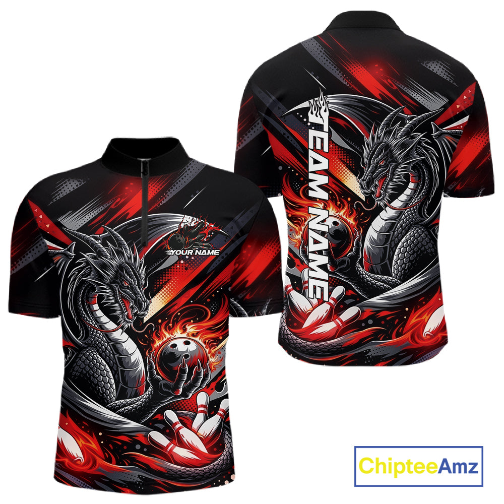 Personalized Black And Red Dragon Bowling Team Jerseys, Dragon Bowling Quarter-Zip Shirt IPHW10299