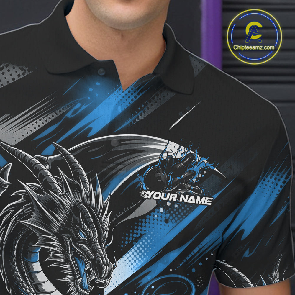 Personalized Black And Blue Dragon Bowling Team Jerseys, Dragon Bowling Polo Shirt IPHW10300