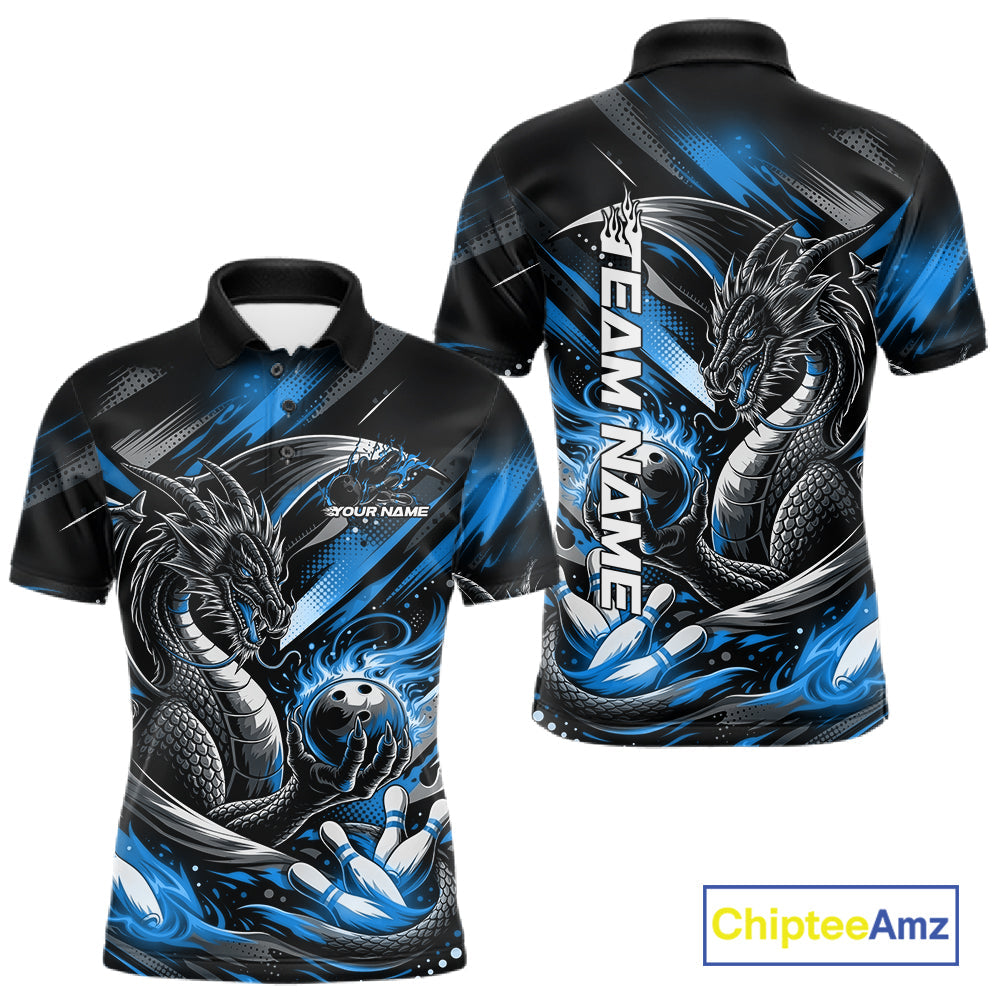 Personalized Black And Blue Dragon Bowling Team Jerseys, Dragon Bowling Polo Shirt IPHW10300