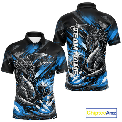 Personalized Black And Blue Dragon Bowling Team Jerseys, Dragon Bowling Polo Shirt IPHW10300