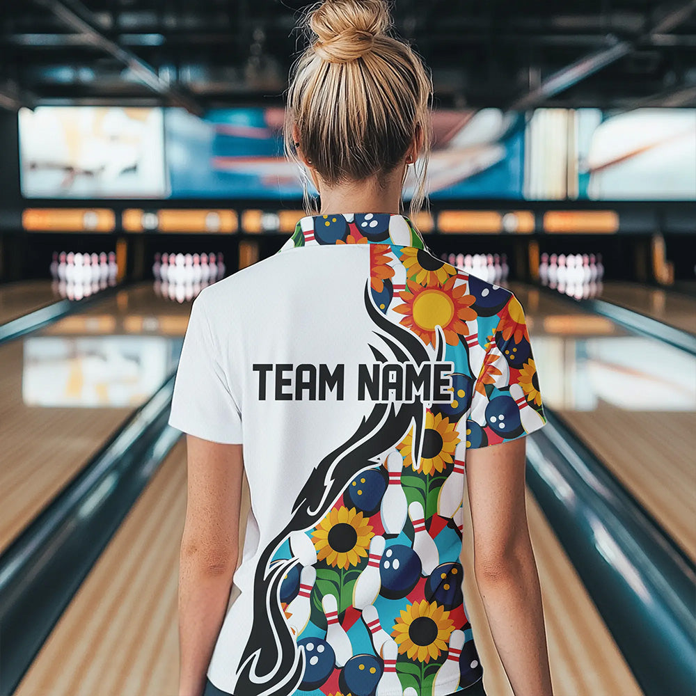 Custom Sunflower Bowling Pattern Polo Shirts For Women, Sunflower Bowling Team Shirts IPHW8439