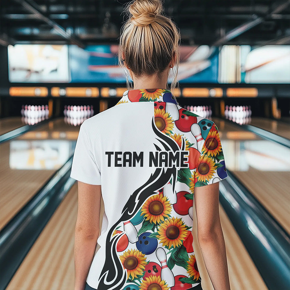Custom Sunflower Bowling Pattern Polo Shirts For Women, Sunflower Bowling Team Shirts IPHW8440