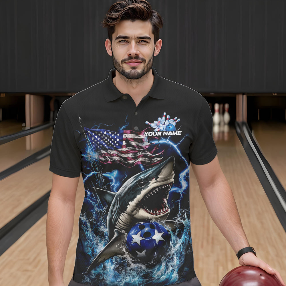 Custom Blue Lightning Patriotic Shark Bowling Team Men Polo Shirts, US Flag Bowling Shirt IPHW8942