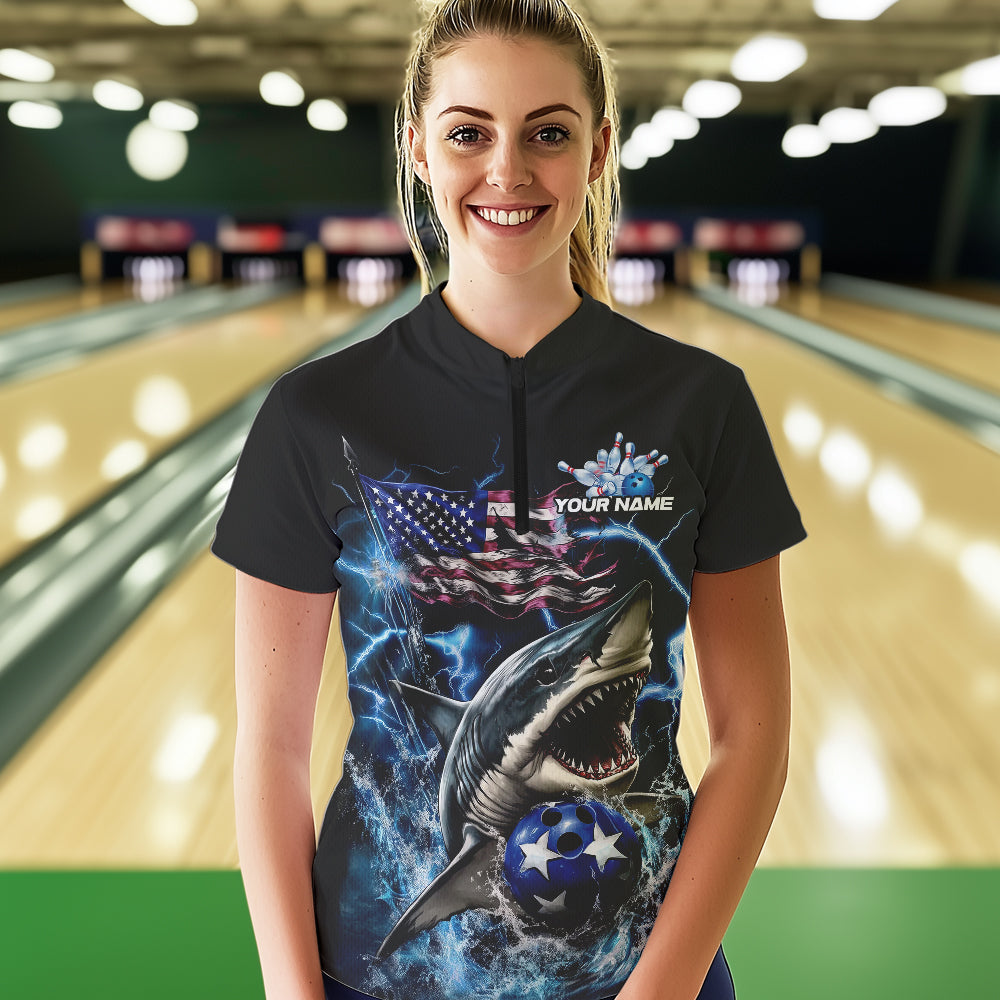 Custom Blue Lightning Patriotic Shark Bowling Team Women Quarter-Zip Shirt, US Flag Bowling IPHW8942