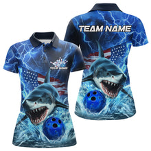 Load image into Gallery viewer, Custom Blue Lightning Patriotic Shark Bowling Team Women Polo Shirts, US Flag Bowling Shirt IPHW8943
