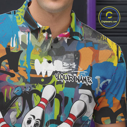 Custom Funny Graffity Bowling Polo Shirts For Men, Bowling Team Shirt IPHW9381