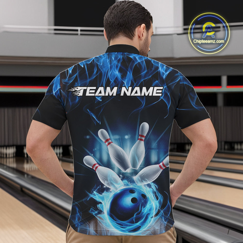 Custom Black And Blue Flame Bowling Team Quarter-Zip Shirts For Men, Fire Bowling League Shirt IPHW9386