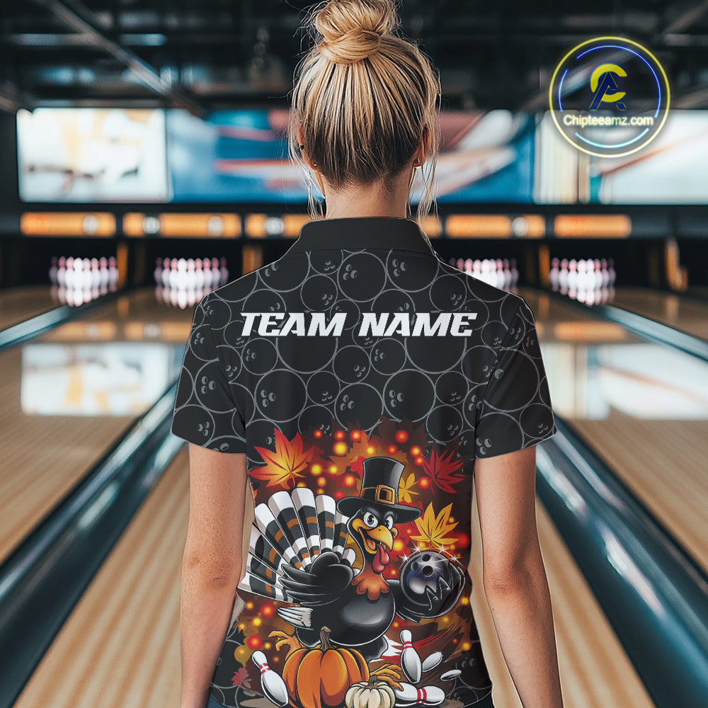 Custom Funny Thanksgiving Turkey Bowling Women Polo Shirts, Autumn Bowling Shirt IPHW9771