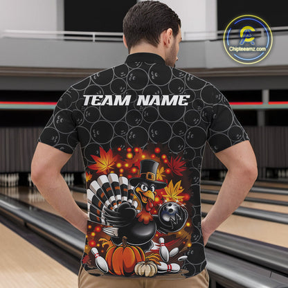 Custom Funny Thanksgiving Turkey Bowling Men Quarter-Zip Shirts, Autumn Bowling Shirt IPHW9771