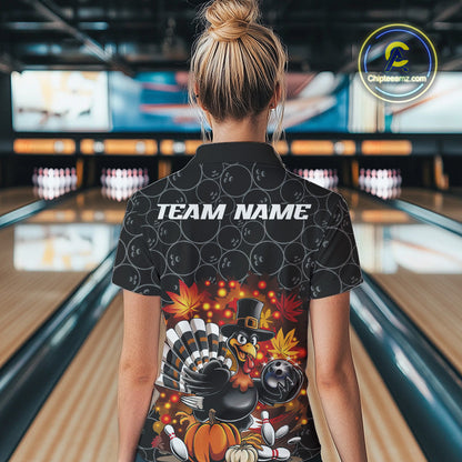 Custom Funny Thanksgiving Turkey Bowling Women Quarter-Zip Shirts, Autumn Bowling Shirt IPHW9771