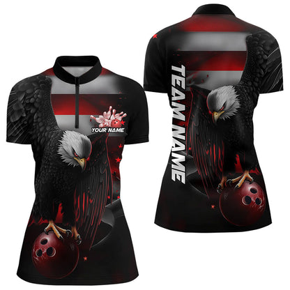 Custom Black And Red US Flag Eagle Patriotic Bowling Quarter-Zip Shirts For Women IPHW8453