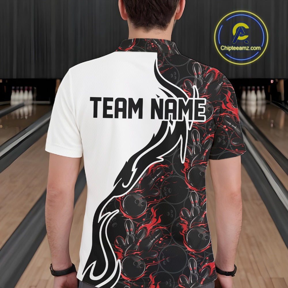Custom Black And Red Flame Bowling Team Shirts, Bowling League Shirt Men Bowling Jersey IPHW10543
