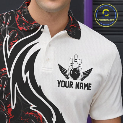 Custom Black And Red Flame Bowling Team Shirts, Bowling League Shirt Men Bowling Jersey IPHW10543