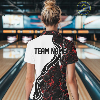 Custom Black And Red Flame Bowling Team Shirts, Bowling League Shirt Women Bowling Jersey IPHW10543