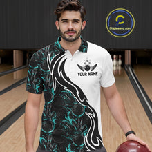 Load image into Gallery viewer, Custom Black And Turquoise Blue Flame Bowling Team Shirts, Men Bowling League Shirt IPHW10544