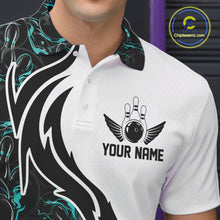 Load image into Gallery viewer, Custom Black And Turquoise Blue Flame Bowling Team Shirts, Men Bowling League Shirt IPHW10544