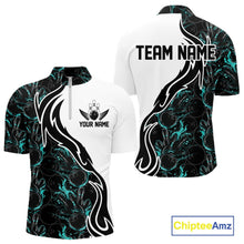 Load image into Gallery viewer, Custom Black And Turquoise Blue Flame Bowling Team Shirts, Men Bowling League Shirt IPHW10544