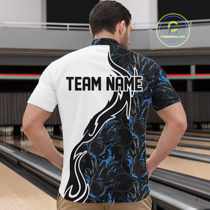 Custom Black And Blue Flame Bowling Team Shirts, Bowling League Shirt Men Bowling Jersey IPHW10545