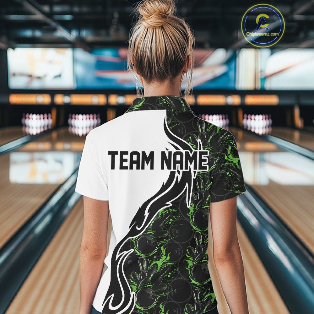Custom Black And Green Flame Bowling Team Shirts, Bowling League Shirt Women Bowling Jersey IPHW10547