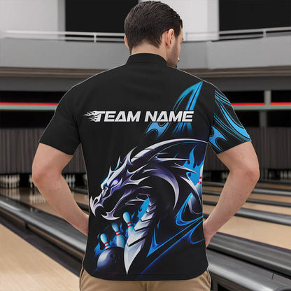 Custom Black And Blue Flame Dragon Bowling Quarter-Zip Shirts For Men, Dragon Bowling League Shirt IPHW8702