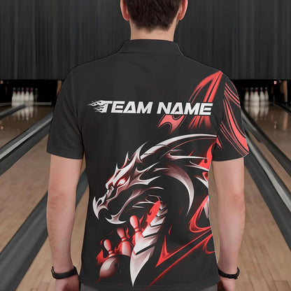Custom Black And Red Flame Dragon Bowling Polo Shirts For Men, Dragon Bowling League Shirt IPHW8703