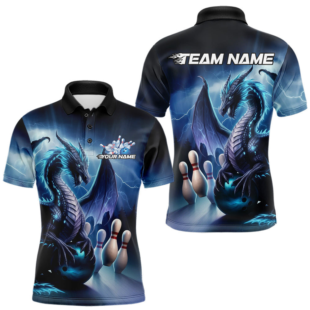 Custom Blue Thunder Lightning Dragon Bowling Polo Shirts For Men, Bowling Team Uniform IPHW8950