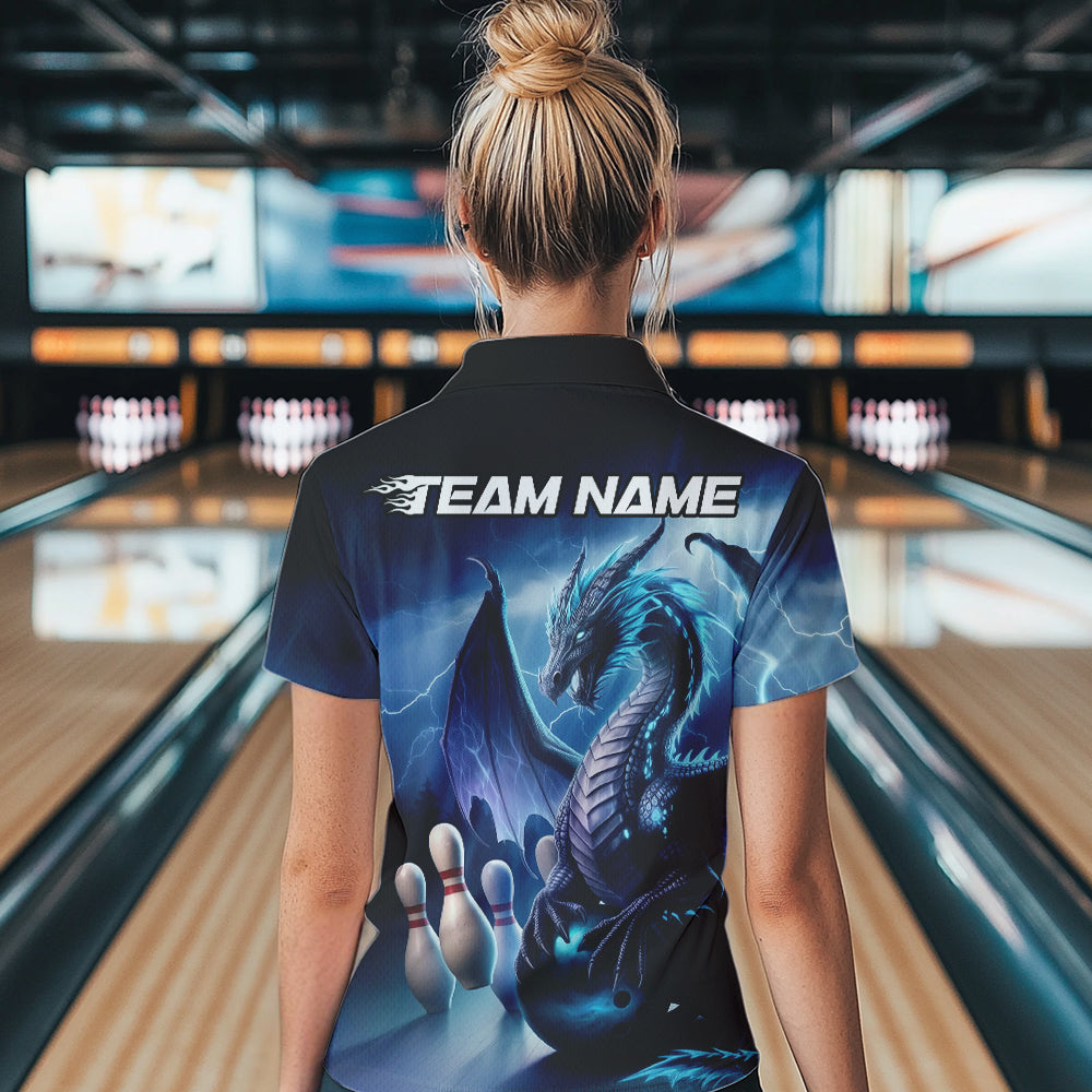 Custom Blue Thunder Lightning Dragon Bowling Women Quarter-Zip Shirts, Bowling Team Uniform IPHW8950