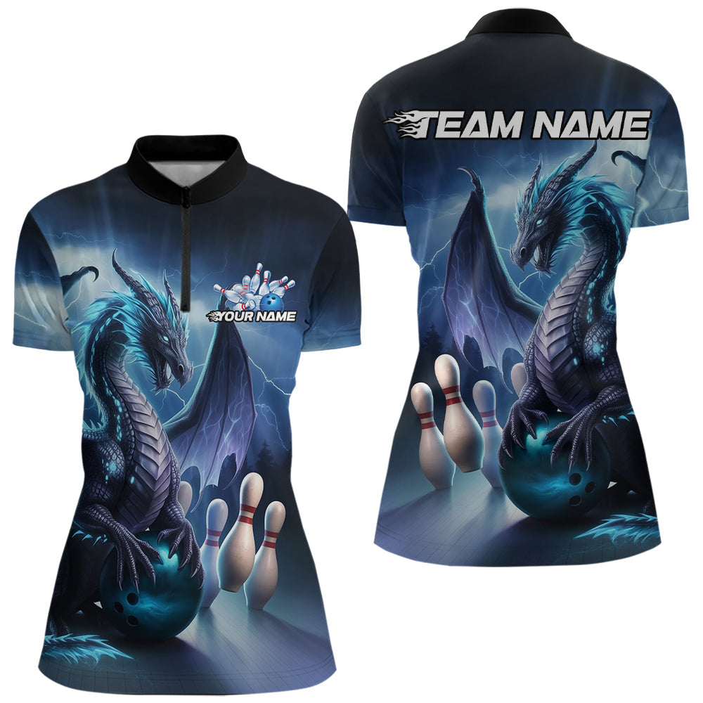 Custom Blue Thunder Lightning Dragon Bowling Women Quarter-Zip Shirts, Bowling Team Uniform IPHW8950