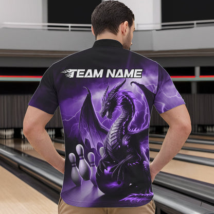Custom Purple Thunder Lightning Dragon Bowling Quarter-Zip Shirts For Men, Bowling Team Uniform IPHW8951