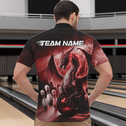 Custom Red Thunder Lightning Dragon Bowling Quarter-Zip Shirts For Men, Bowling Team Uniform IPHW8952