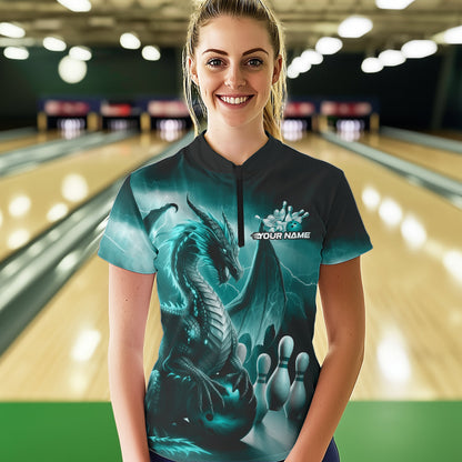 Custom Turquoise Blue Lightning Dragon Bowling Women Quarter-Zip Shirt, Team Uniform IPHW8953