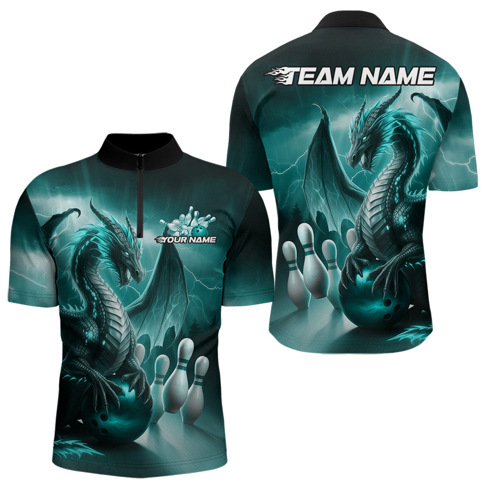 Custom Turquoise Blue Thunder Lightning Dragon Bowling Quarter-Zip Shirts For Men, Team Uniform IPHW8953