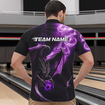Custom Black And Purple Flame Dragon Bowling Quarter-Zip Shirts For Men, Dragon Bowling Jerseys IPHW8963