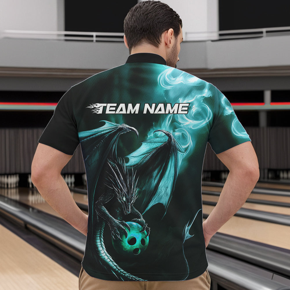 Custom Black And Blue Flame Dragon Bowling Quarter-Zip Shirts For Men, Dragon Bowling Jerseys IPHW8964