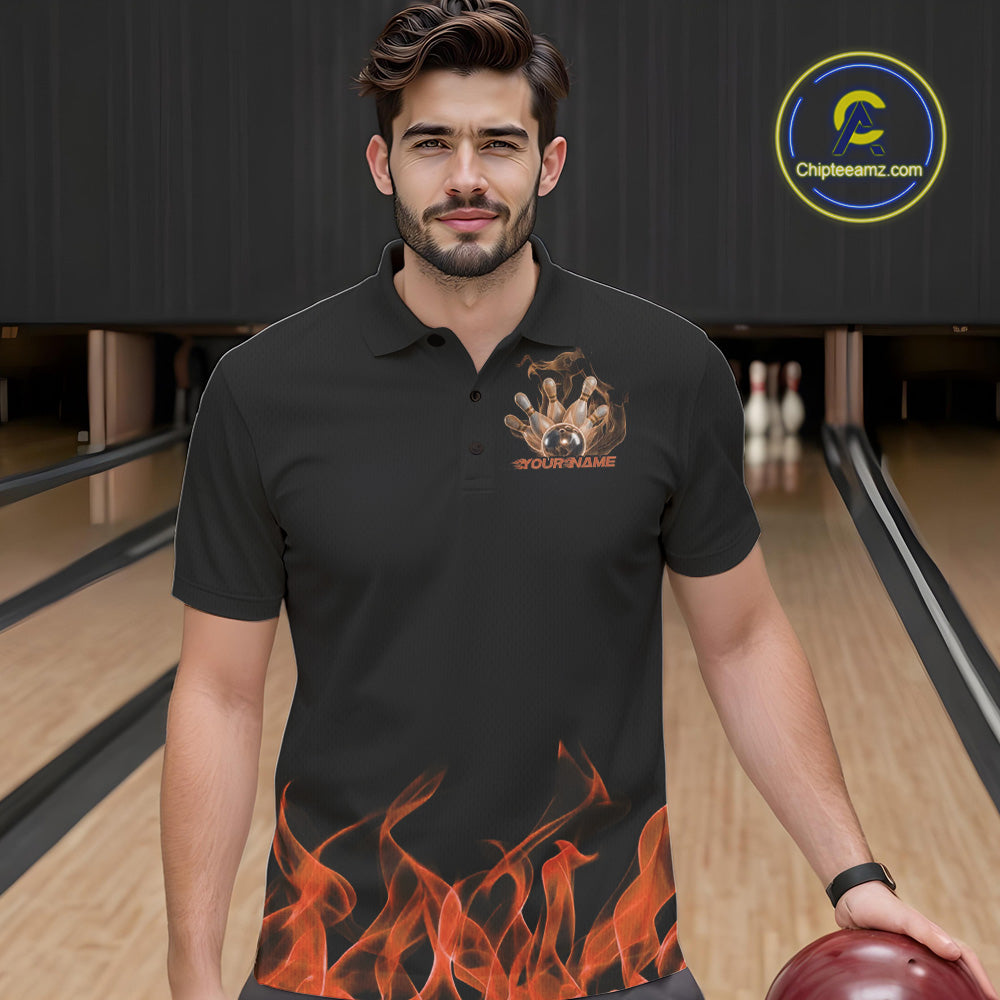 Custom Orange Skull Smoke Bowling Team Men Polo Shirts, Halloween Bowling Outfit IPHW9775