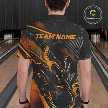 Custom Black And Yellow Flame Bowling Team Men Polo Shirts, Fire Bowling Jerseys IPHW9781