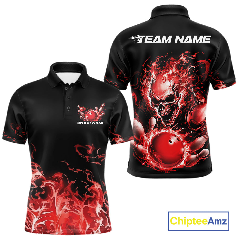Front and back views of a black bowling polo with red flame graphics, a skull holding a red bowling ball, and customizable name and team text.